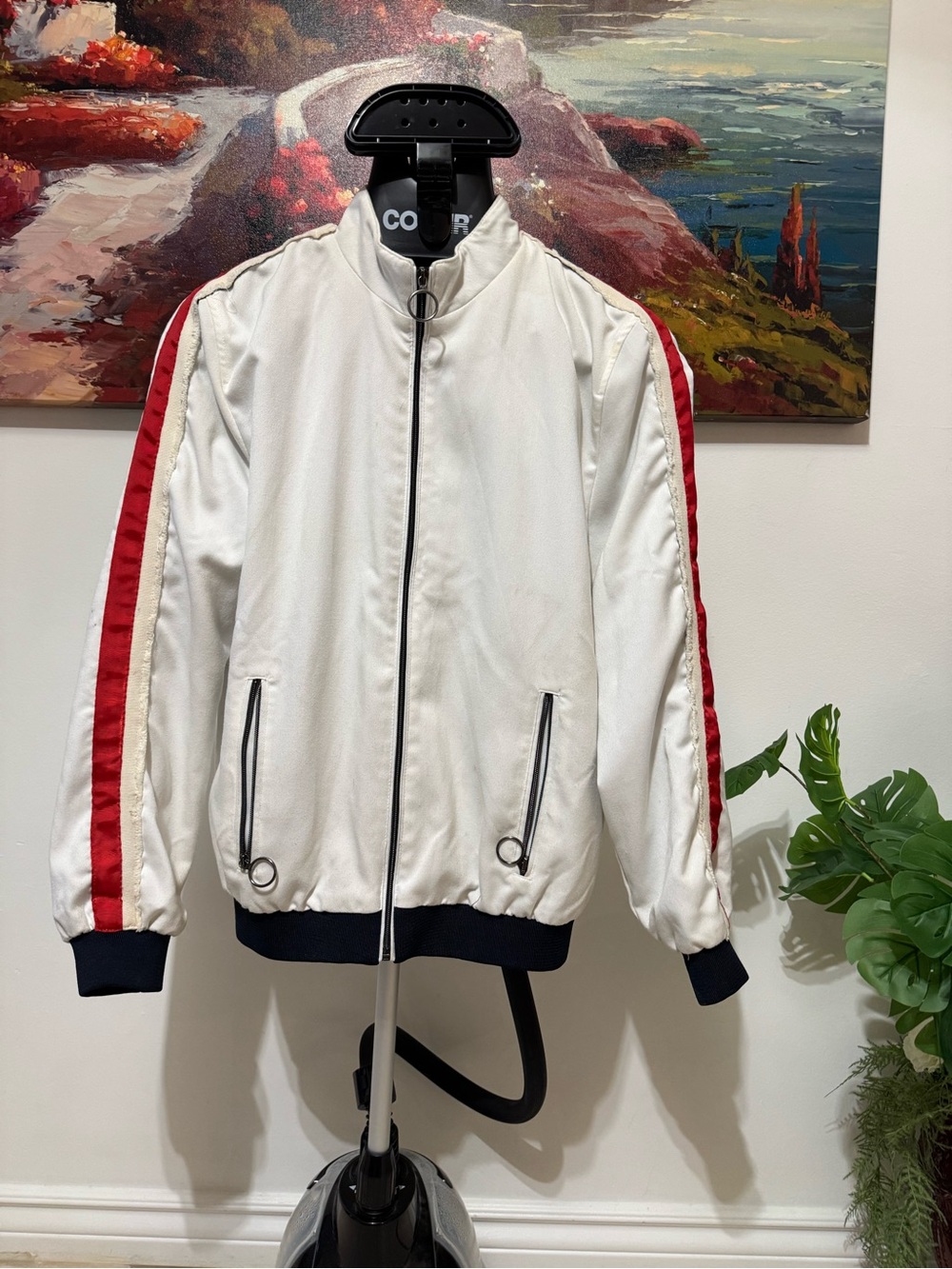 Zara White Bomber Jacket with Red Sleeve Stripes